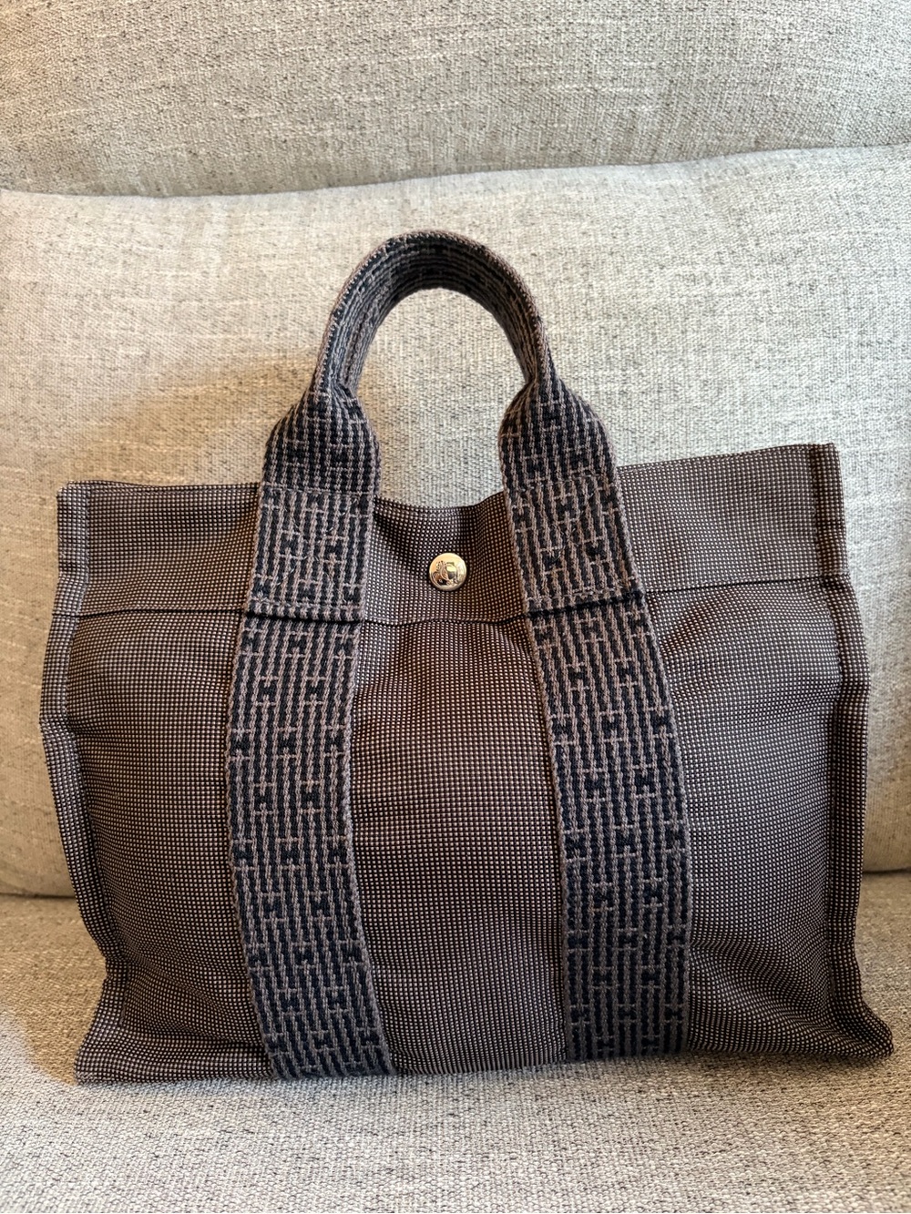 Hermes Brown and Black Canvas Tote with Signature Webbing
